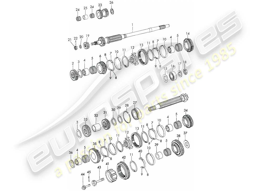 porsche 911 (1972) gears and shafts - 5-speed - transmission - d >> - mj 1971 part diagram