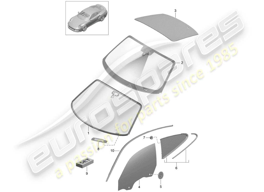 porsche 991 turbo (2015) windshield glass parts diagram