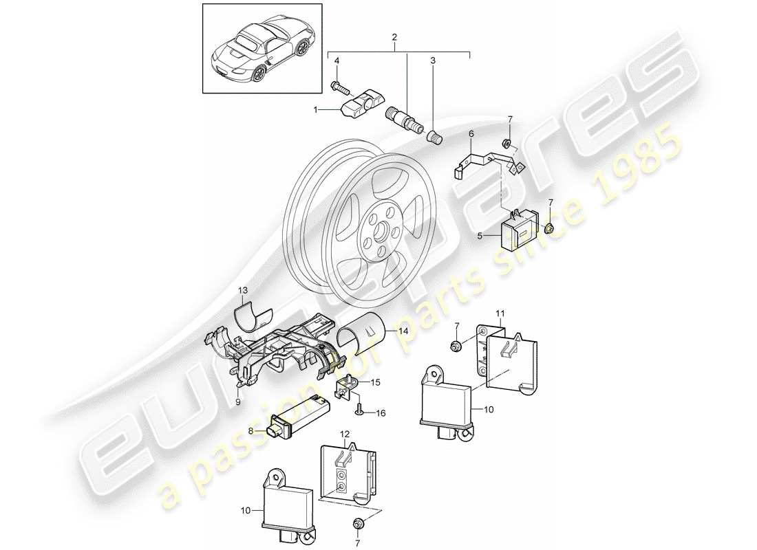 porsche boxster 987 (2009) tire pressure control system parts diagram