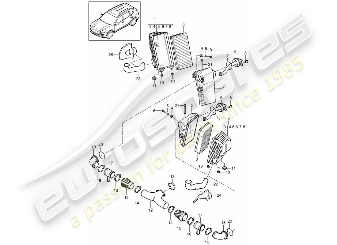 porsche cayenne e2 (2011) air cleaner with connecting part diagram