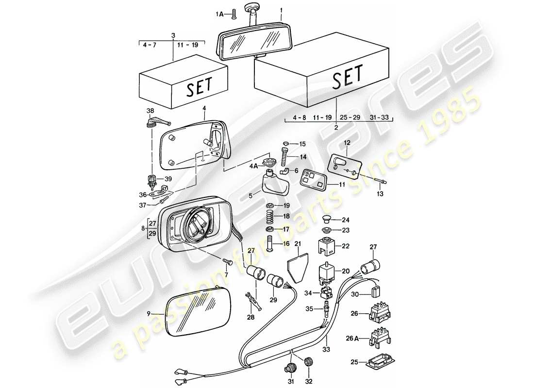 porsche 911 (1989) rear view mirror inner - rear view mirror part diagram