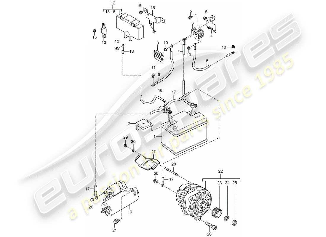 porsche carrera gt (2006) battery - ground distributor - junction box - starter - alternator part diagram
