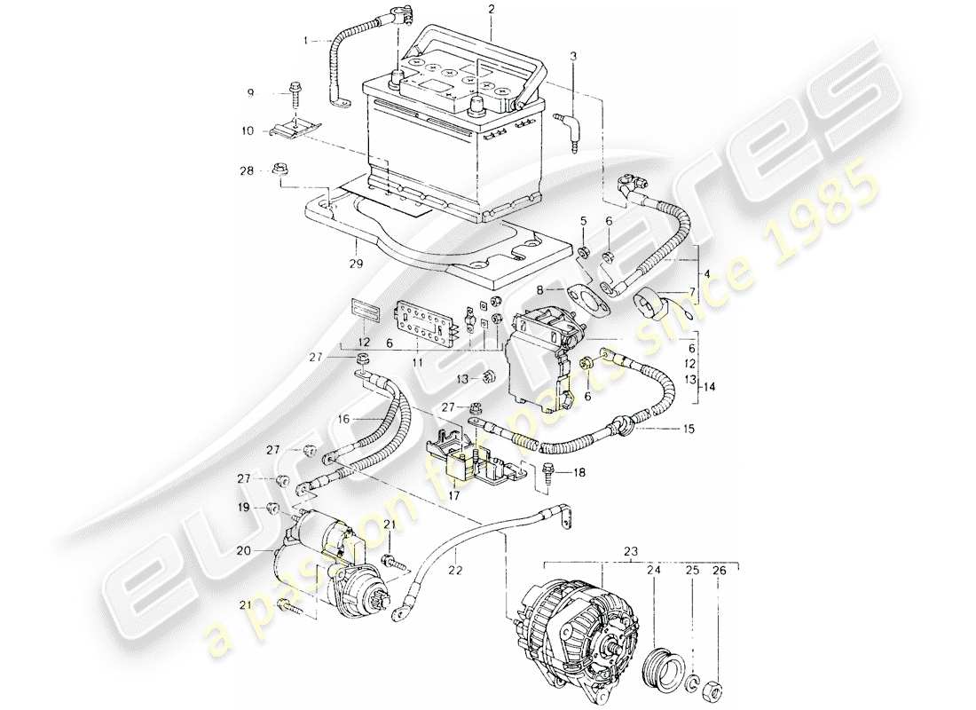 porsche boxster 986 (2002) battery - central extraction - starter - alternator part diagram