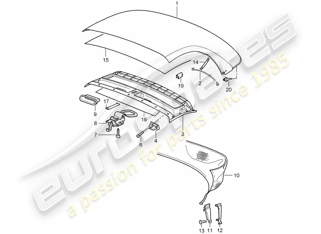 porsche boxster 986 (1997) convertible top covering - headliner part diagram