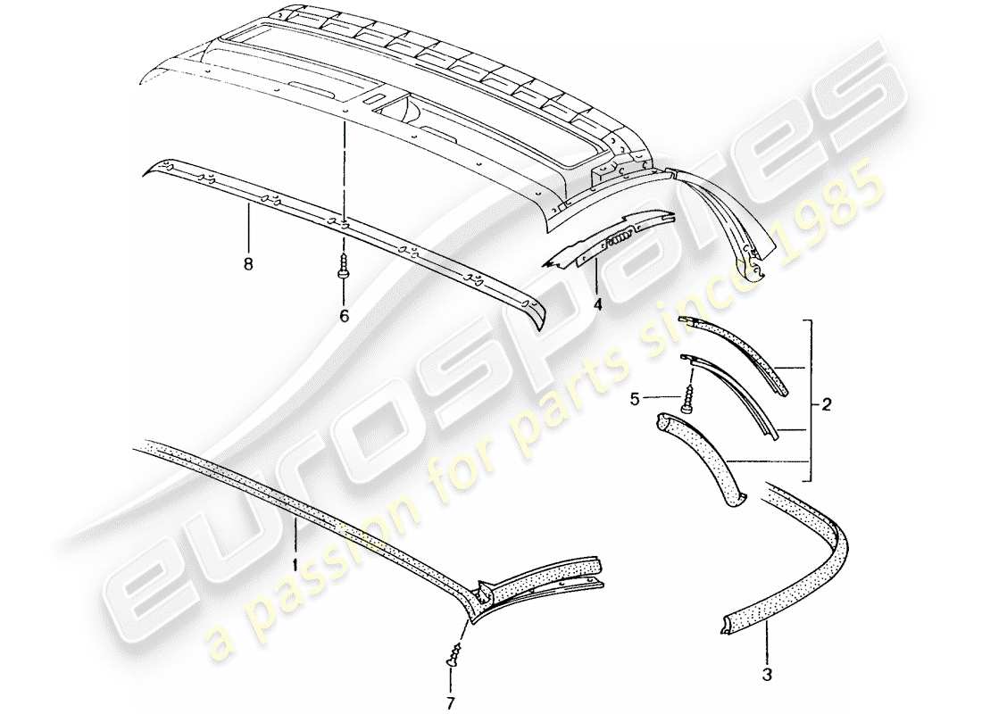 porsche boxster 986 (1997) convertible top - seal strip part diagram