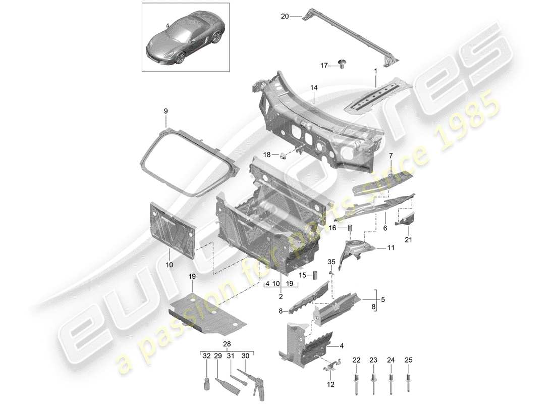 porsche boxster 981 (2016) front end part diagram