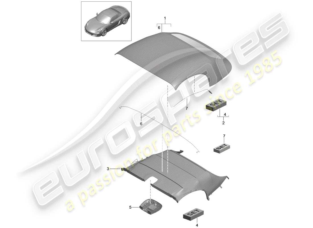 porsche boxster 981 (2016) convertible top covering part diagram