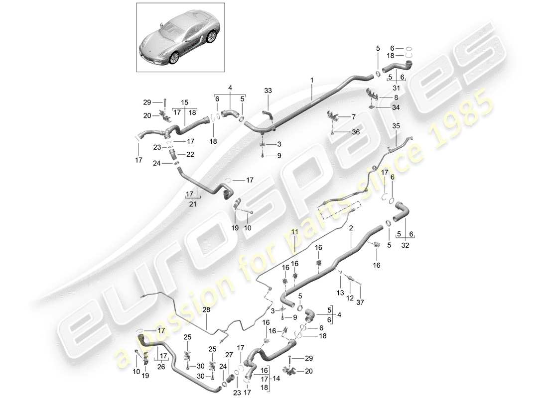 porsche cayman 981 (2014) water cooling 1 parts diagram