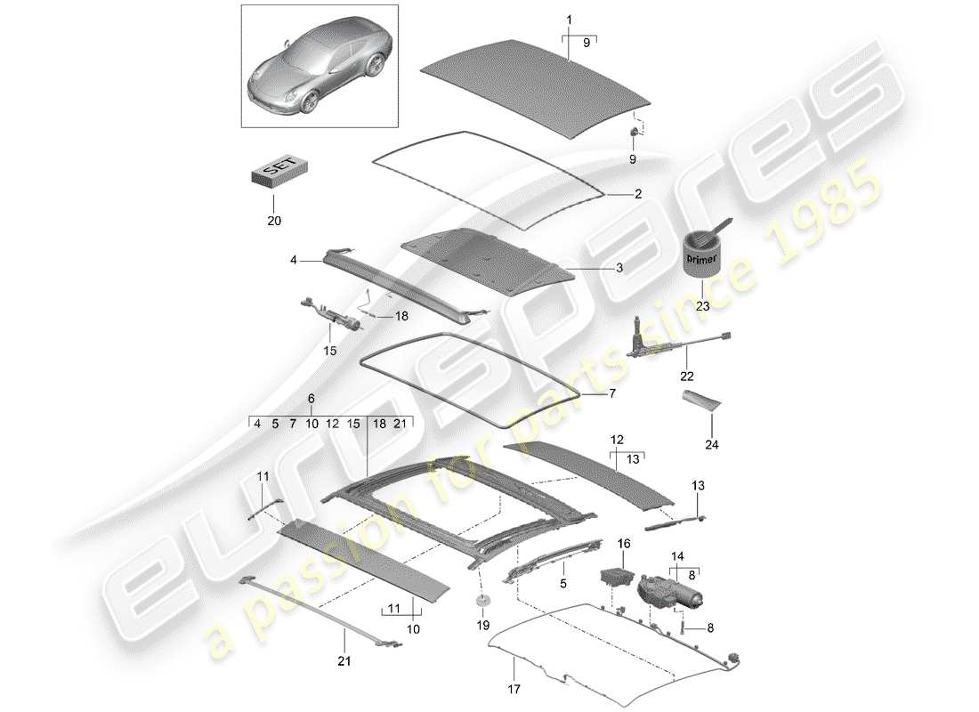 porsche 991 (2012) sunroof part diagram