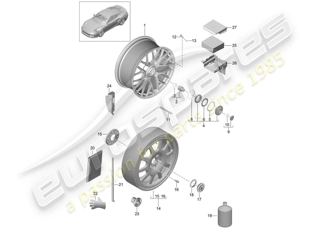 porsche 991 turbo (2015) alloy wheel with parts diagram