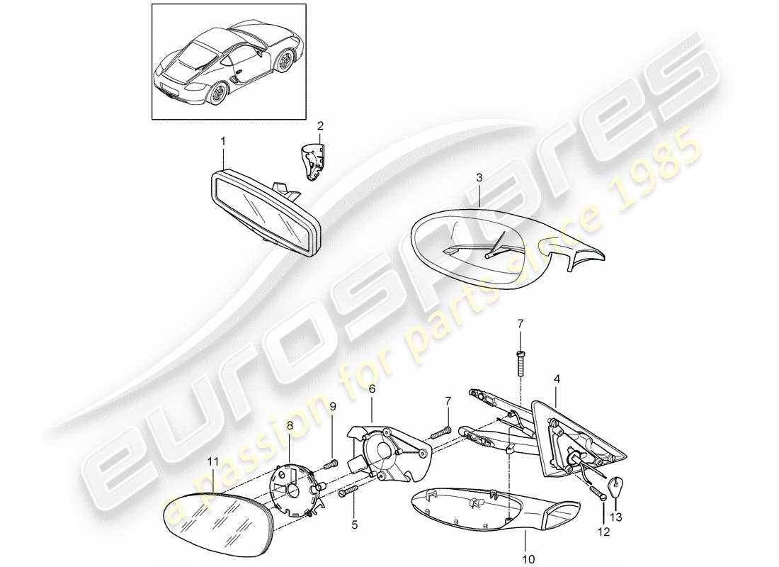 porsche cayman 987 (2010) rear view mirror inner parts diagram