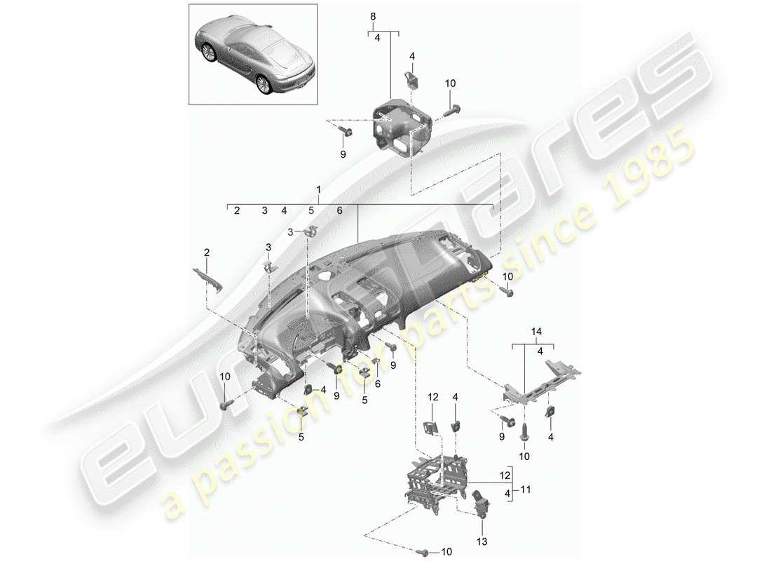 porsche cayman 981 (2014) dash panel trim parts diagram