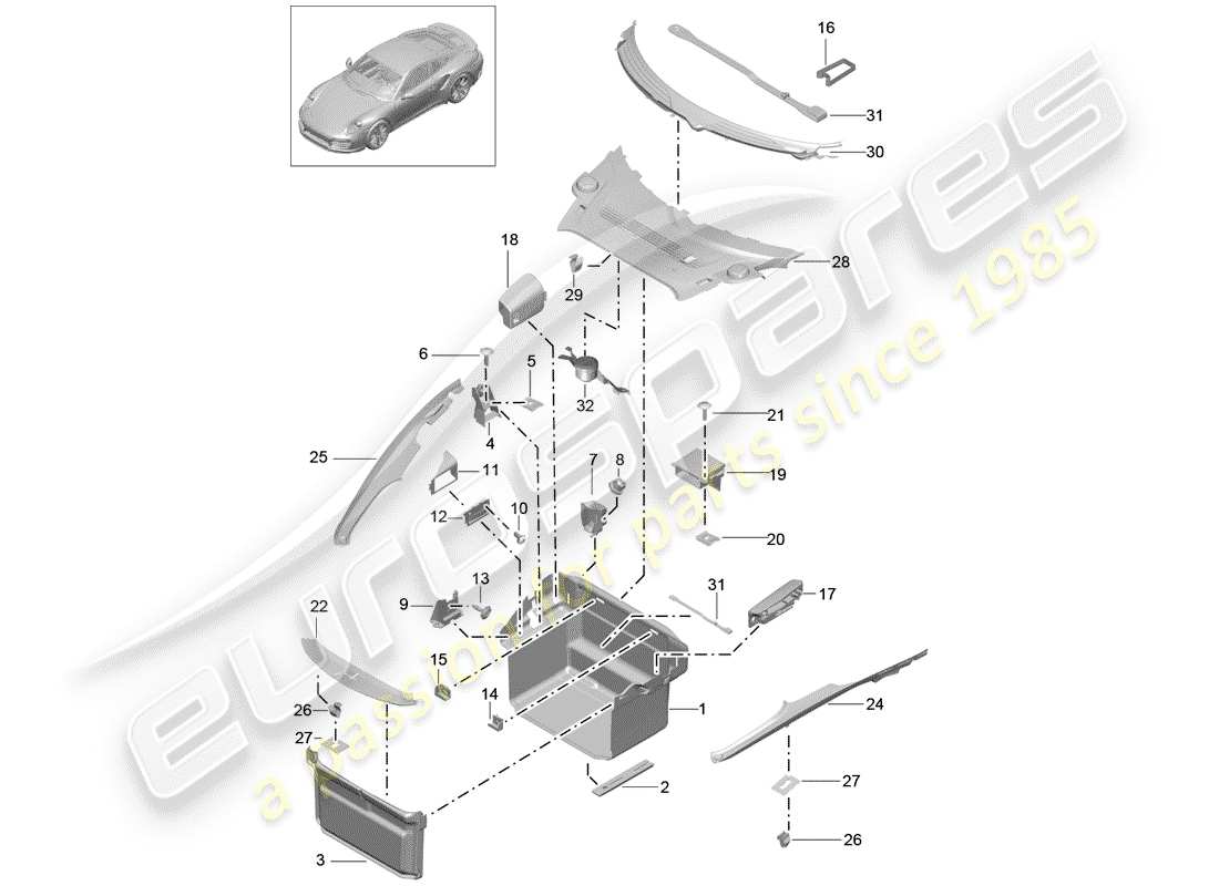 porsche 991 turbo (2016) boot lining parts diagram