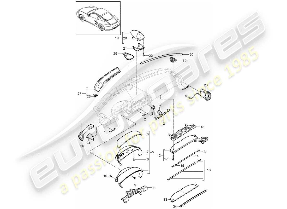 porsche cayman 987 (2012) dash panel trim part diagram