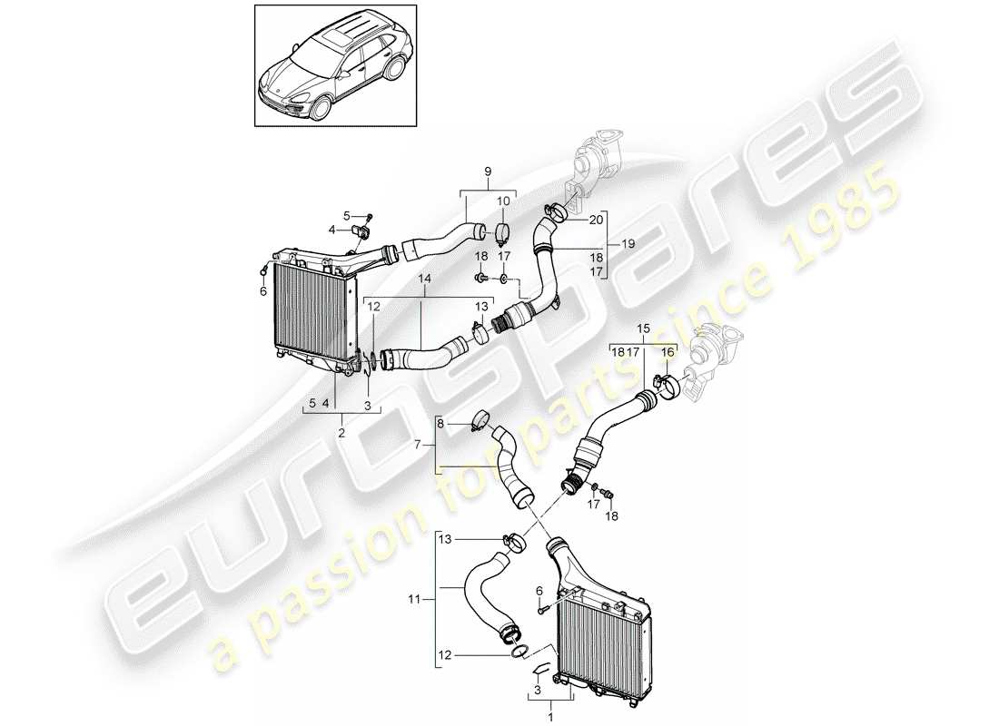 porsche cayenne e2 (2017) charge air cooler parts diagram