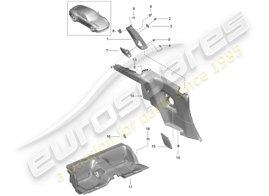 porsche 991 (2013) quarter trim panel part diagram