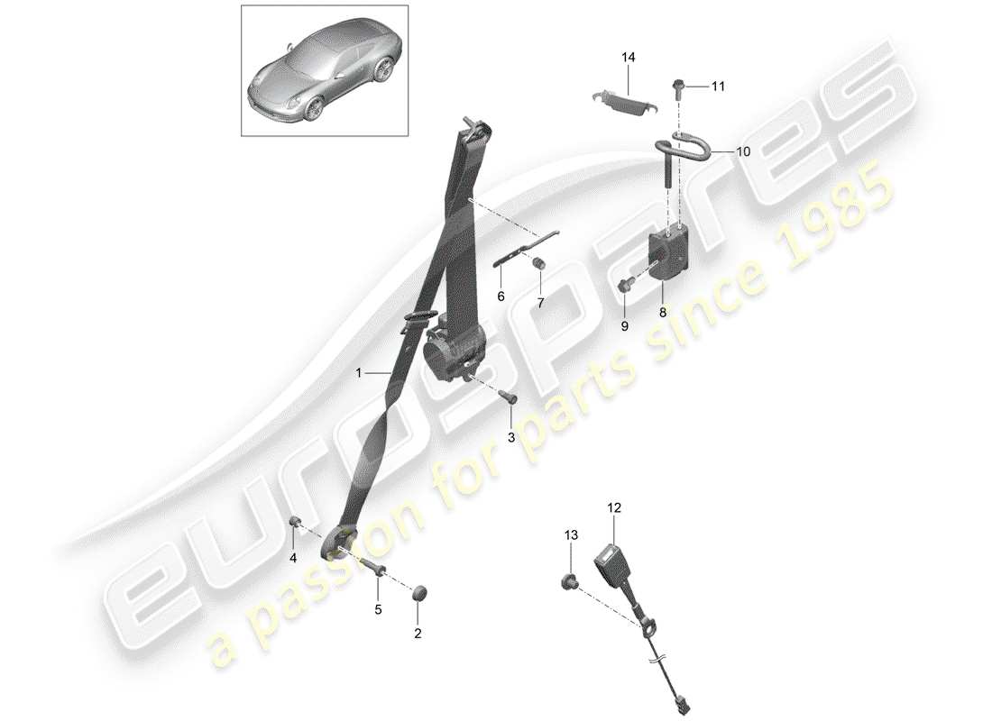 porsche 991 (2013) three-point seat belt parts diagram