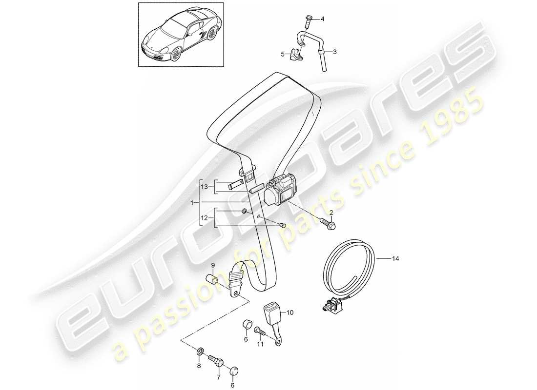 porsche cayman 987 (2010) three-point seat belt parts diagram