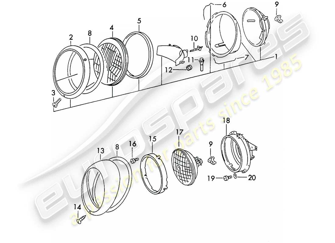 porsche 1972 (911) headlamp parts diagram