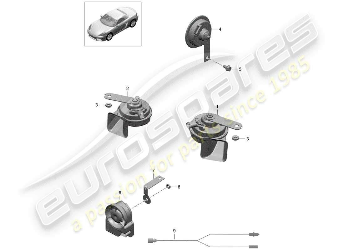 porsche 718 boxster (2020) fanfare horn part diagram