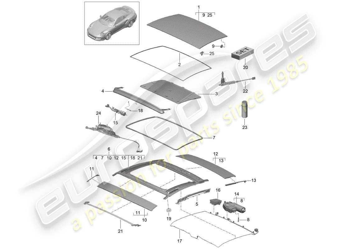 porsche 991 turbo (2019) glass sliding roof part diagram