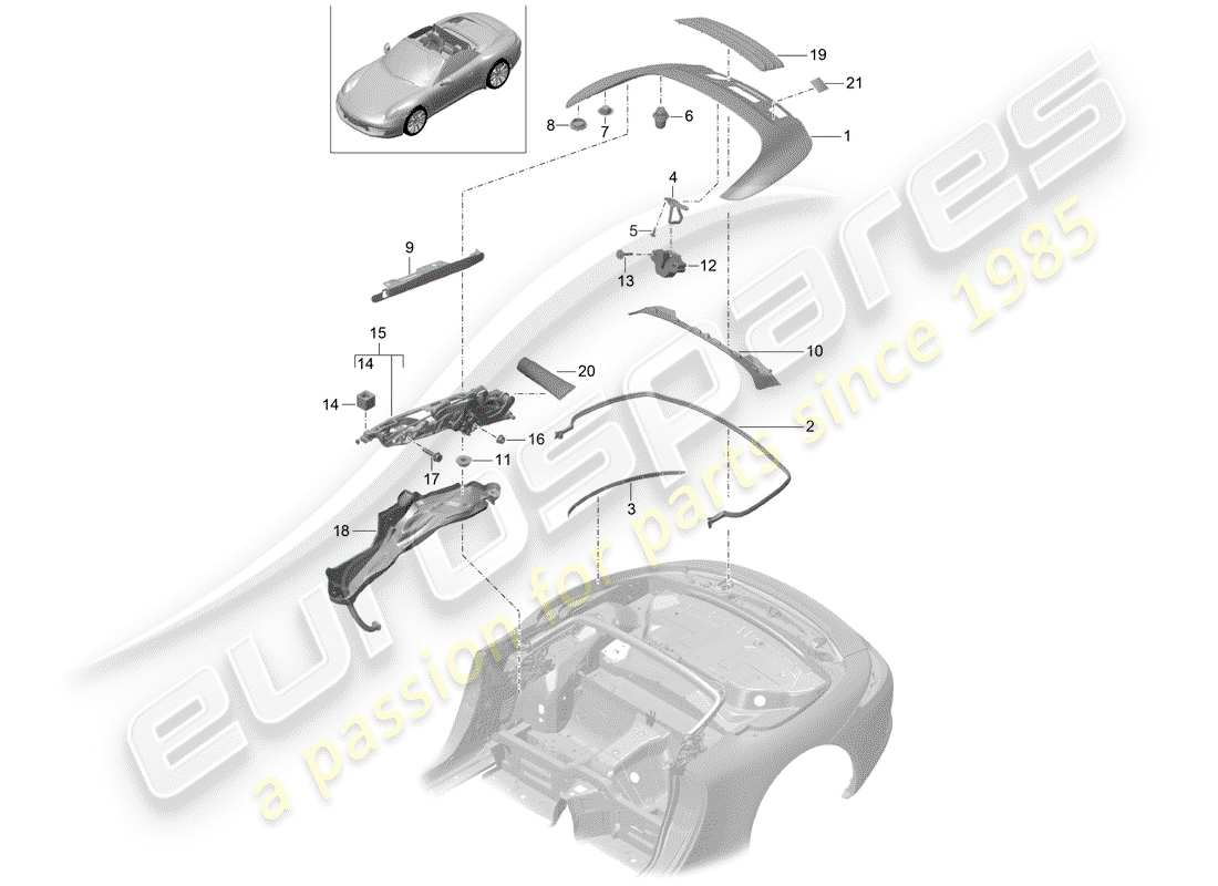 porsche 991 (2013) top stowage box parts diagram