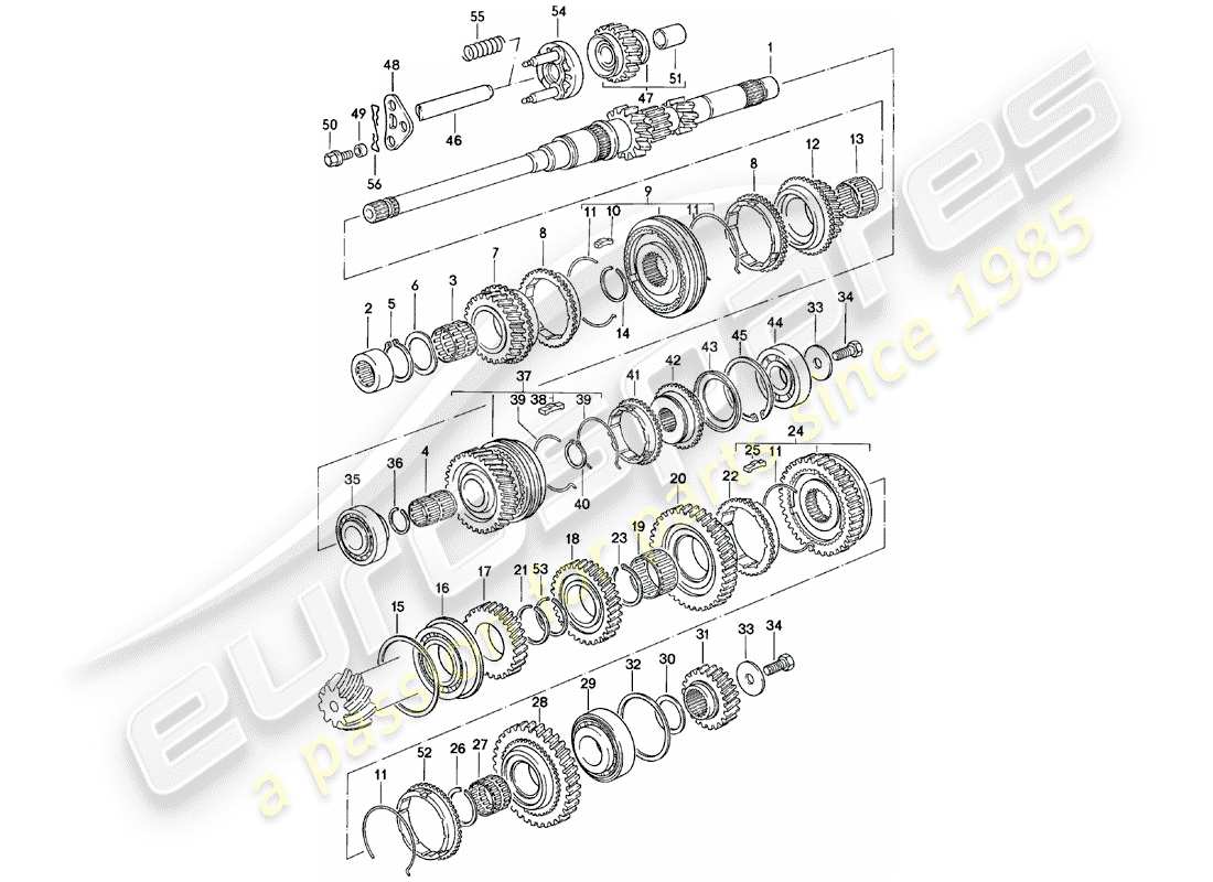 porsche 924 (1982) gears and shafts - manual gearbox - vq vr uv md - me mf mb mx - d - mj 1981>> parts diagram
