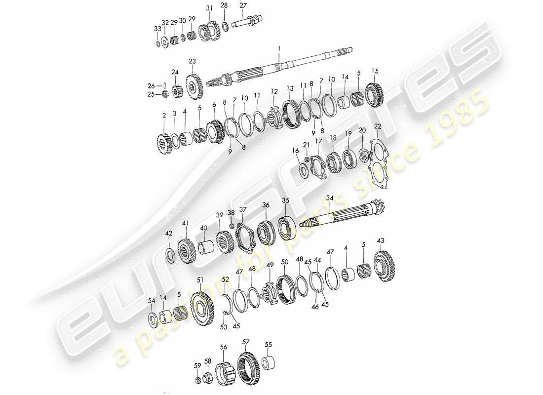 porsche 911 (1972) gears and shafts - 4-speed - transmission - d - mj 1972>> part diagram