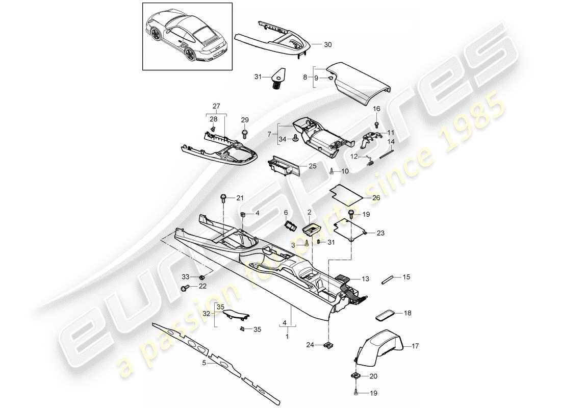 porsche 911 t/gt2rs (2012) center console parts diagram