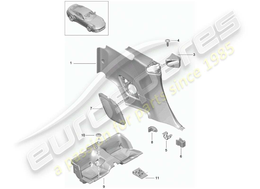 porsche 991 turbo (2020) quarter trim panel parts diagram