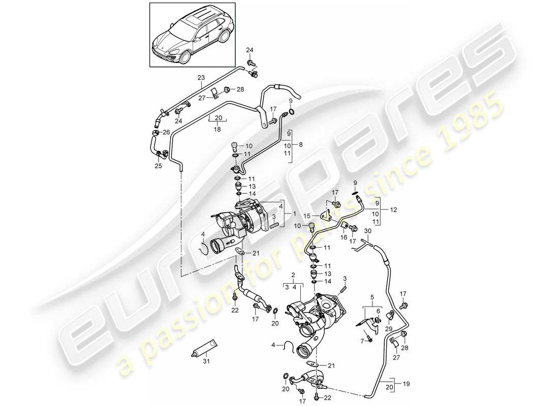 porsche cayenne e2 (2011) exhaust gas turbocharger parts diagram