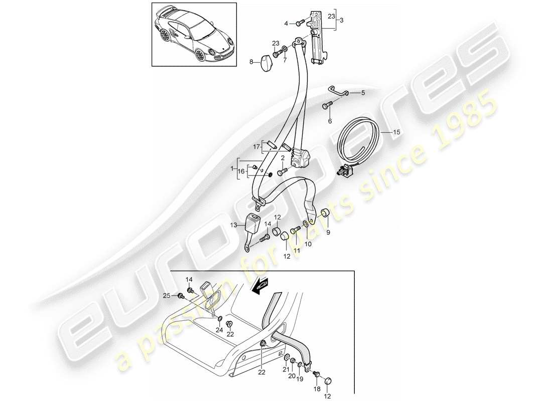 porsche 911 t/gt2rs (2012) seat belt parts diagram