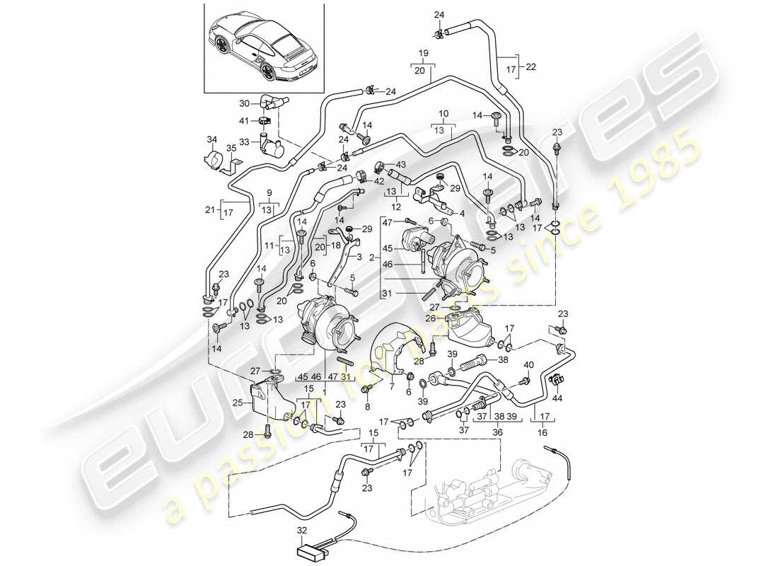 porsche 911 t/gt2rs (2011) exhaust gas turbocharger parts diagram