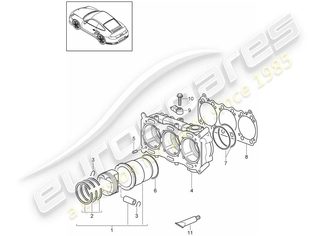 porsche 911 t/gt2rs (2012) cylinder with pistons parts diagram