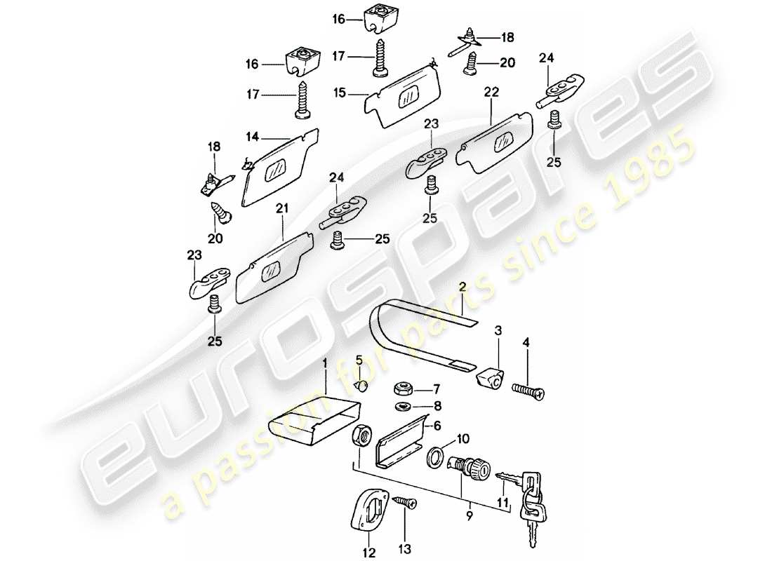 porsche 911 (1983) glove box - sun vizors parts diagram