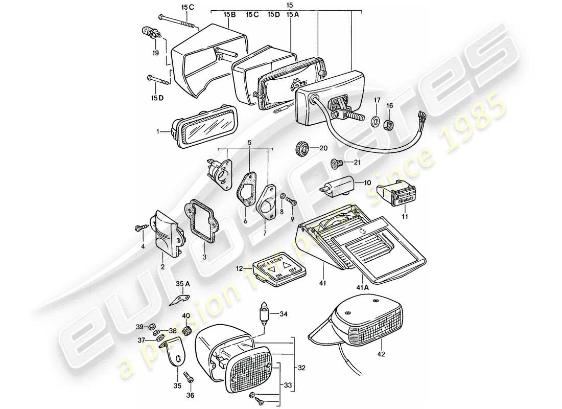 porsche 1984 (911) interior light - fog lights - lights parts diagram