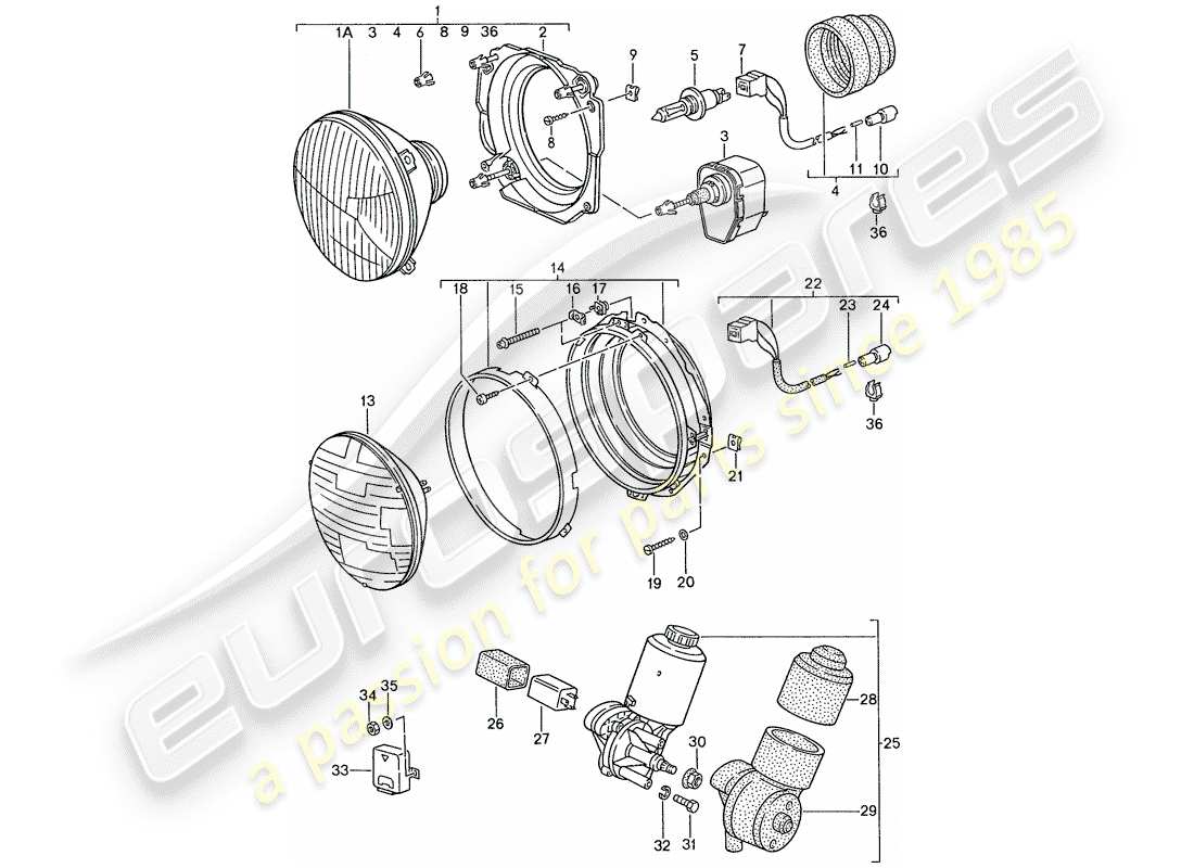 porsche 944 (1989) headlamp - electric motor - pop-up headlight part diagram