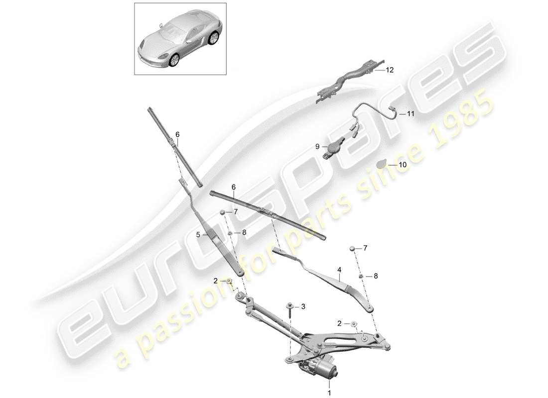 porsche 718 cayman (2018) windshield wiper system compl. parts diagram