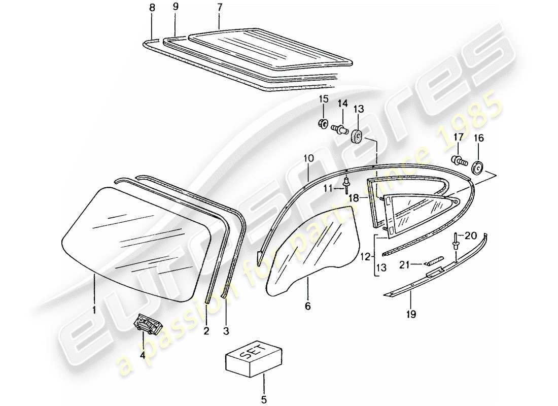 porsche 996 gt3 (2004) window glazing part diagram