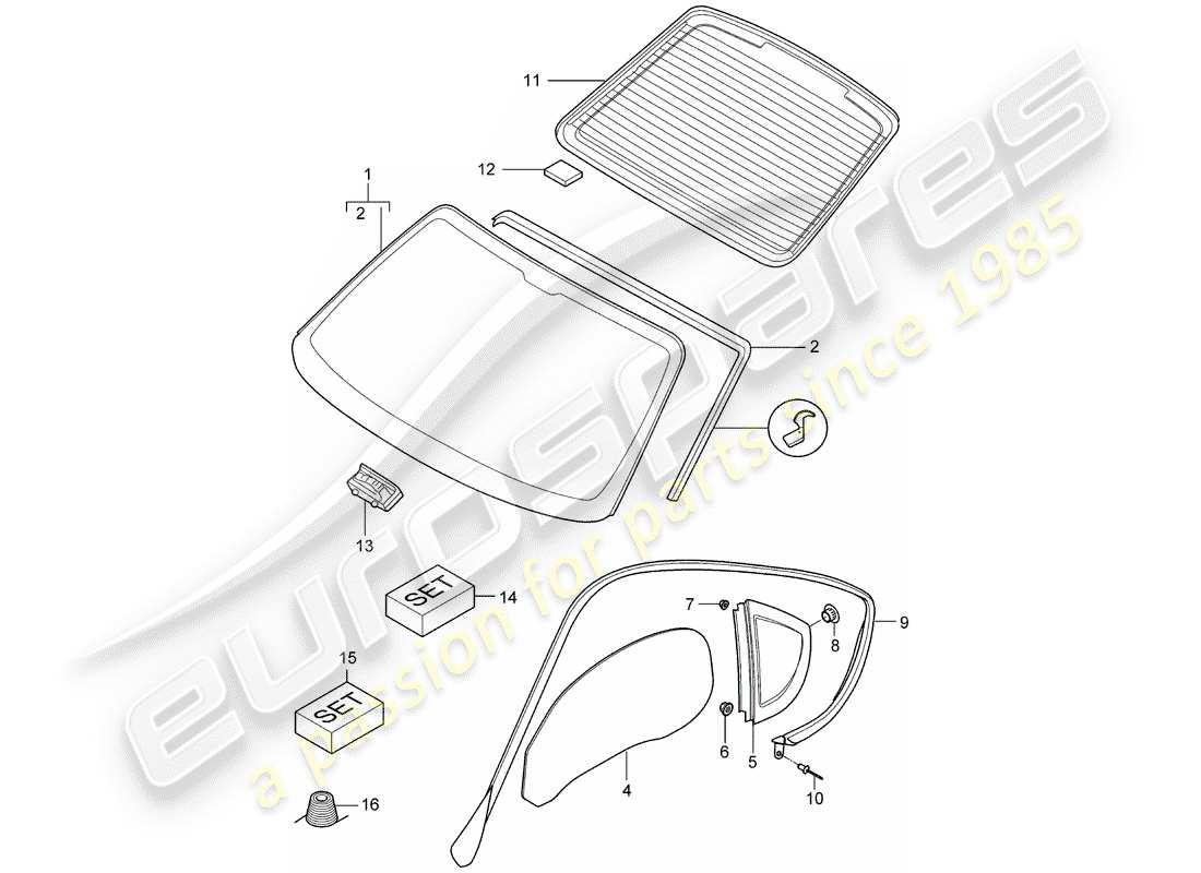 porsche cayman 987 (2006) window glazing parts diagram