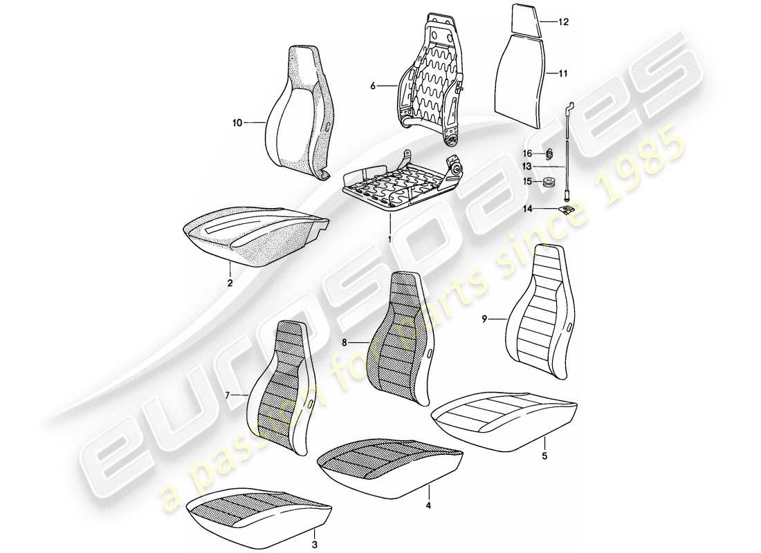 porsche 911 (1985) front seat - single parts - cloth - d >> - mj 1984 part diagram