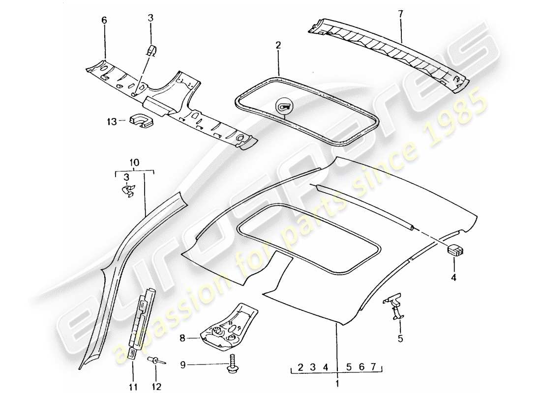 porsche 996 t/gt2 (2005) roof trim panel part diagram