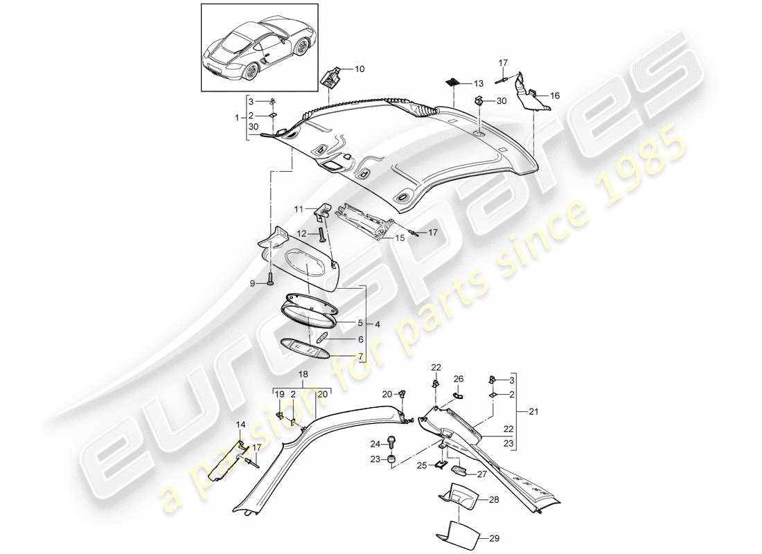 porsche cayman 987 (2006) roof trim panel part diagram