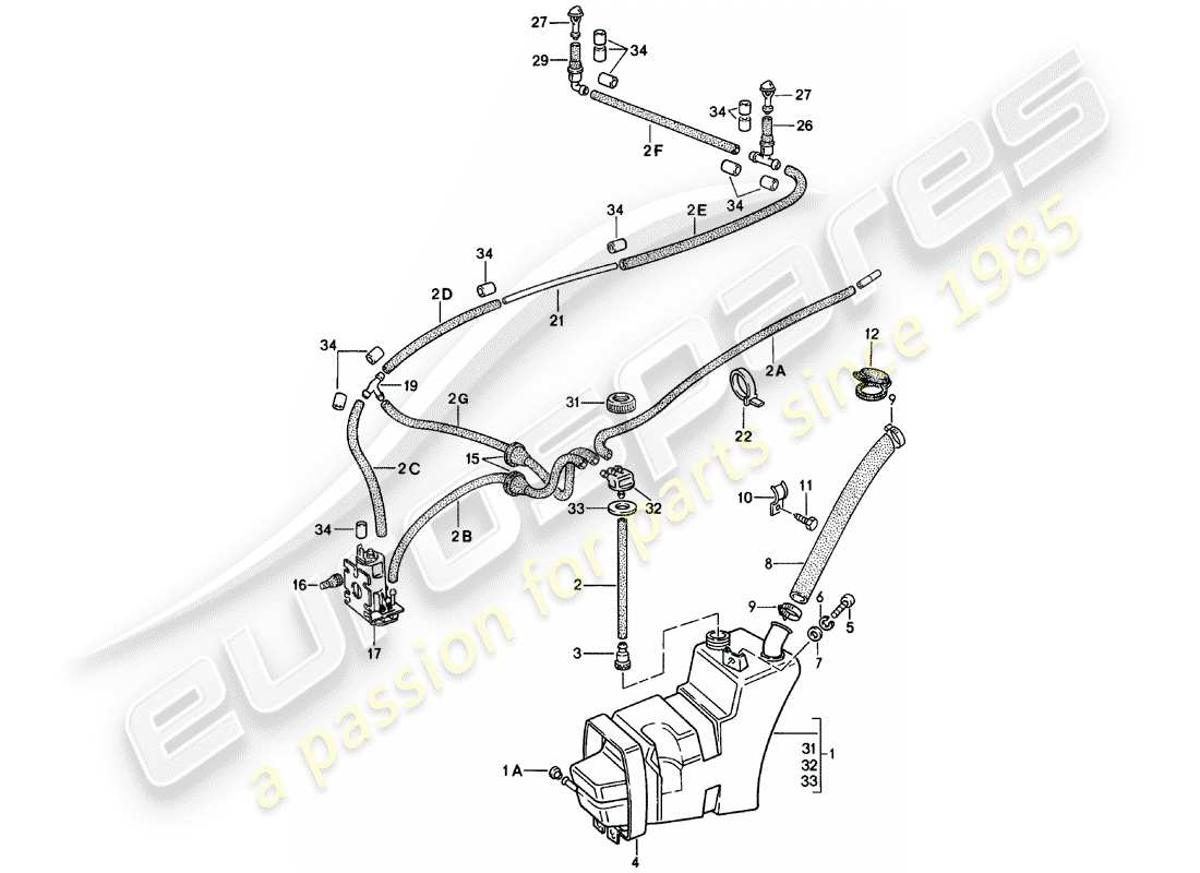 porsche 1983 (911) windshield washer unit parts diagram