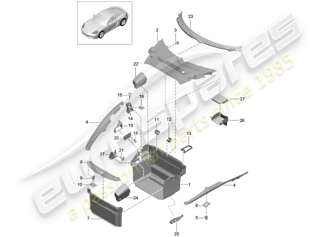 porsche 718 cayman (2018) boot lining parts diagram