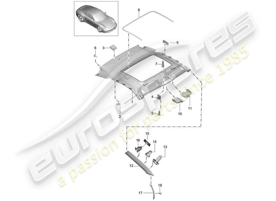 porsche 991 (2013) roof trim panel parts diagram