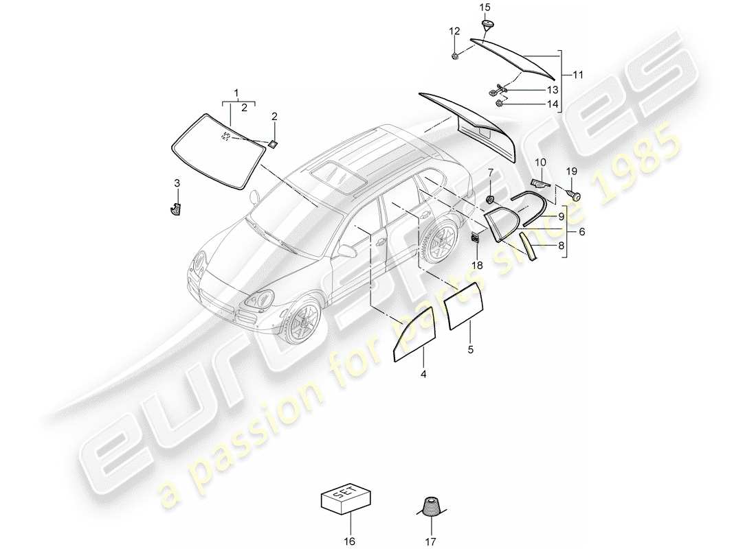 porsche cayenne (2008) window glazing part diagram