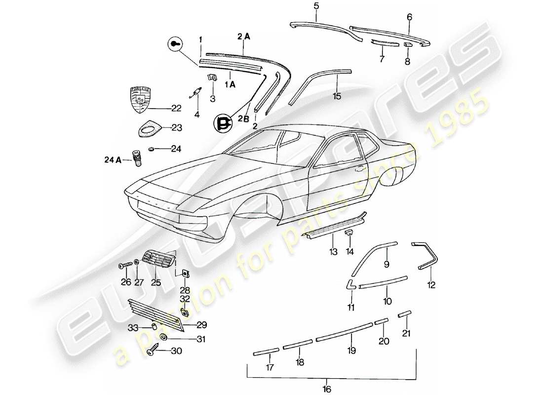 porsche 924 (1980) decorative fittings part diagram