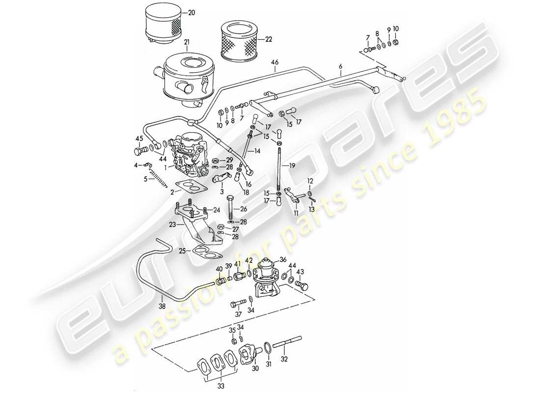 porsche 356/356a (1954) carburetor - pallas-zenit 32ndix - and - fuel supply line - m 67 001 >> - m 81 201 >> parts diagram