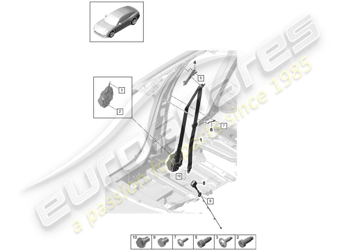 porsche panamera 971 (2019) three-point seat belt parts diagram